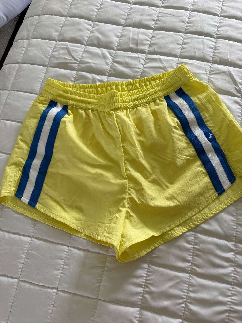 JoyLab Yellow Athletic Shorts with Blue & White Side Stripes